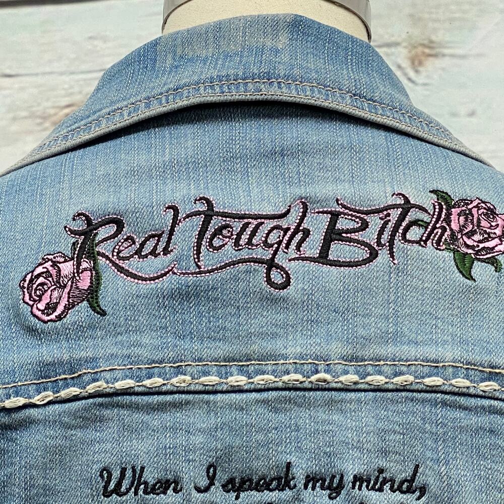 RTB Real Tough B itch Denim Jacket LARGE Biker Babe Blue Jean Embroidered Bling - Picture 6 of 12